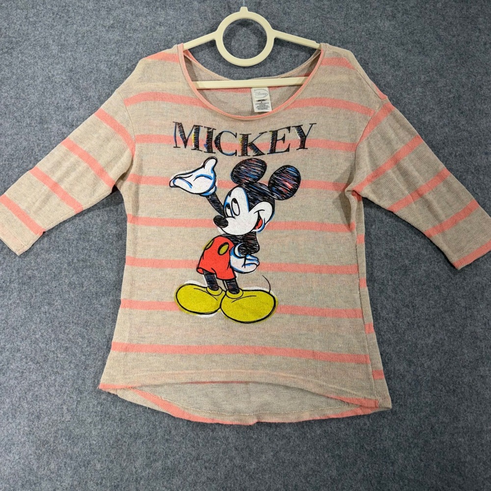 Disney Mickey Mouse Striped Knit Top Jerry Leigh Pink Beige 3/4 Sleeve Medium